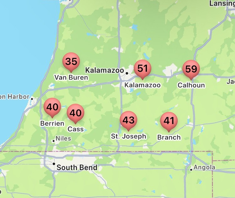 Regional map of MIchigan showing areas with risk of tarspot.